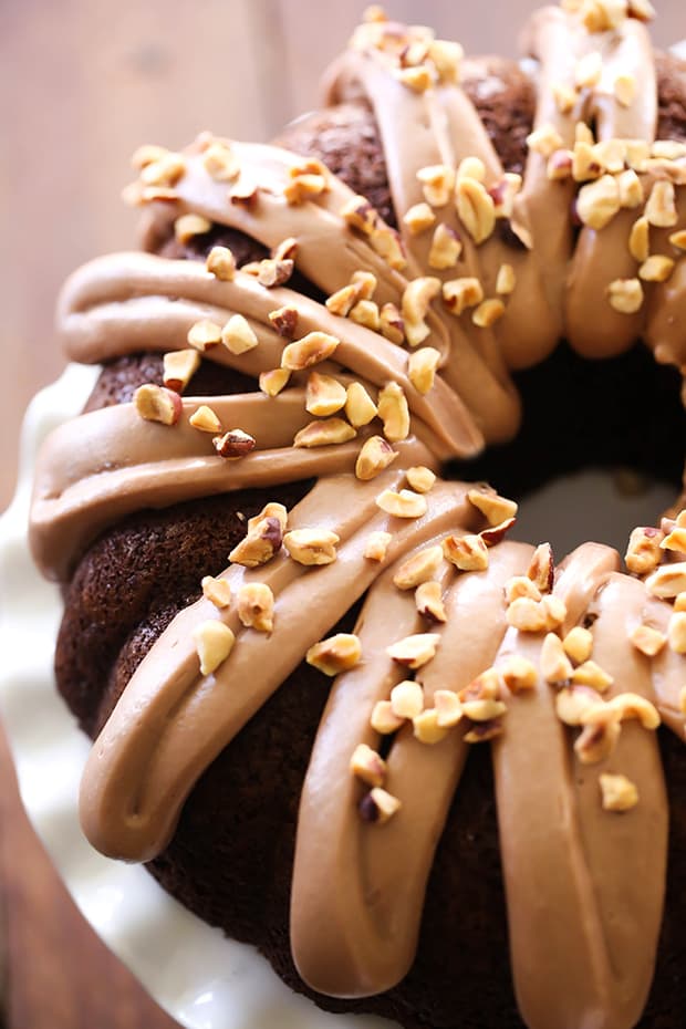 This Nutella Bundt Cake, though. Oh. My. Gosh. It is BEYOND moist and is seriously a chocolate lover’s dream come true. Each and every bite is utter perfection.