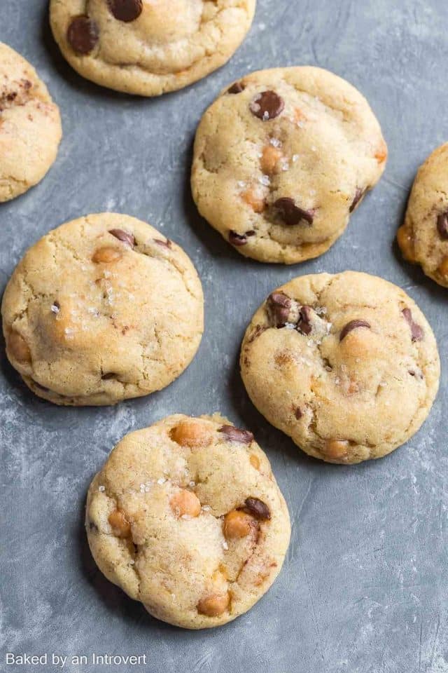 Soft and chewy Chocolate Chip Salted Caramel Cookies combine everyone’s favorite flavors! Basic chocolate chip cookies with the addition of caramel bits and a sprinkle of sea salt are certain to make you swoon.