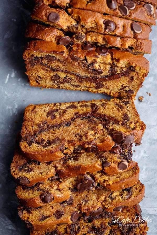Nutella Chocolate Chip Pumpkin Bread is filled with fall flavours and melt in your mouth chocolate chips! With just a handful of ingredients, this is THE bread of the season the whole family will love!