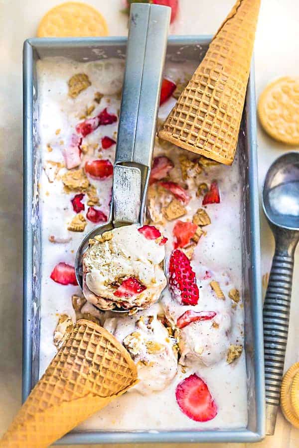 NNo Churn Strawberry Shortcake Ice Cream is the perfect sweet treat for summer. Made with just five ingredients and best of all, no ice cream maker needed! Full of fresh strawberries, crumbled Oreo cookies and so easy to make!