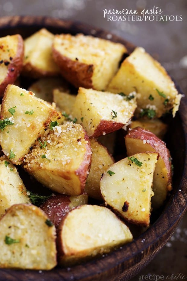 Potatoes that roast in the oven and get a crispy edge and tender center.  They have such a great parmesan garlic flavor and will be the perfect side!