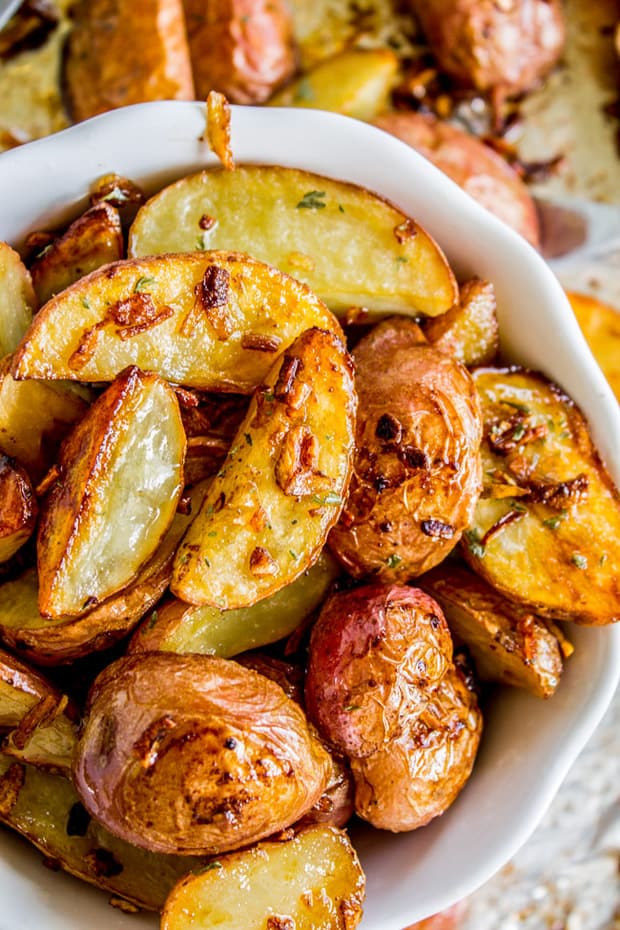  Potatoes that roast in the oven and get a crispy edge and tender center.  They have such a great parmesan garlic flavor and will be the perfect side!