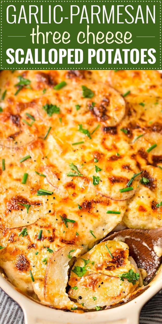 Ultra Creamy and rich, these cheesy scalloped potatoes are full of great garlic parmesan flavor. Velvet soft underneath, and perfectly crispy on top!