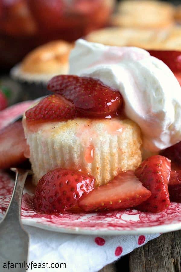 These mini angel food cakes are baked as cupcake-sized portions – so this dessert is easy to portion-out and serve.