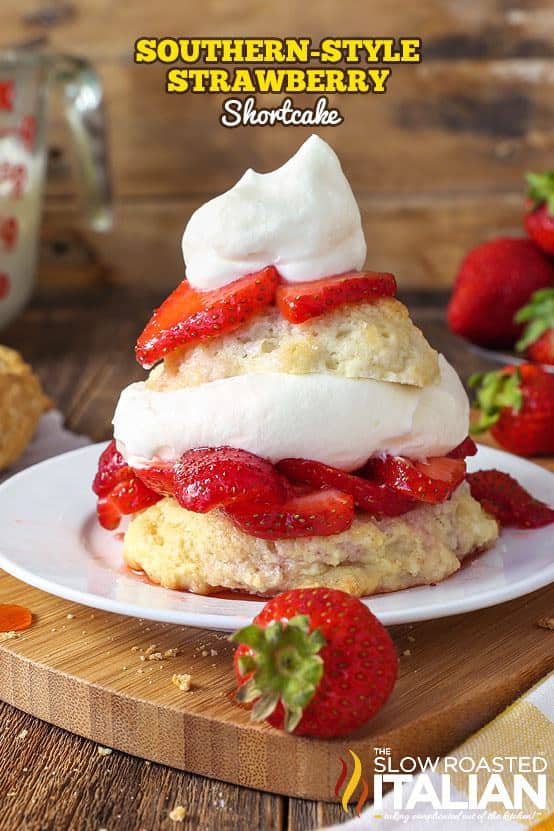 Southern-Style Strawberry Shortcake is a glorious dessert with a tender, sweet buttermilk biscuit piled with luscious, juicy strawberries and topped with light and fluffy homemade vanilla bean whipped cream. It all comes together with this easy recipe to create the perfect bite!