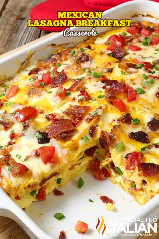 Mexican Lasagna Breakfast Casserole is a simple recipe that is bursting with flavor. With layer upon layer of delicious Mexican flavors, corn tortillas, bacon and ooey gooey cheese all wrapped up in a scrumptious breakfast casserole.