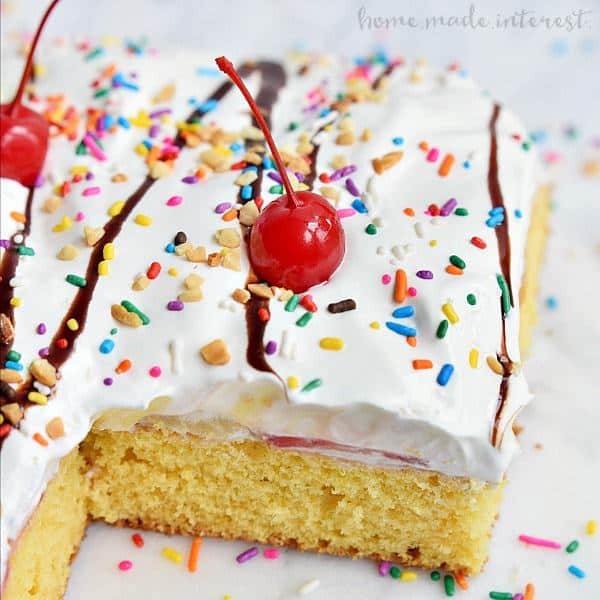 This Banana Split Poke Cake is an easy dessert made with all of the flavors of a banana split with a cherry on top!