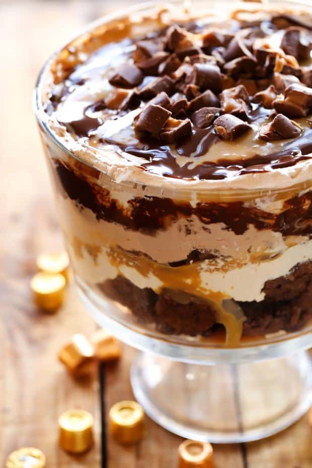This dessert is so incredibly rich and delicious! This is the ultimate chocolate-caramel treat. With layers of ROLO brownies, caramel mousse, gooey caramel, chocolate mousse, chocolate sauce and ROLOS, this trifle is sure to be a show stopper wherever it goes!