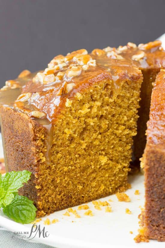 I love this Praline Glazed Pumpkin Pound Cake. It’s soft, springy, moist and fluffy. Smothered in a pecan praline sauce makes it even more rich and decadent.