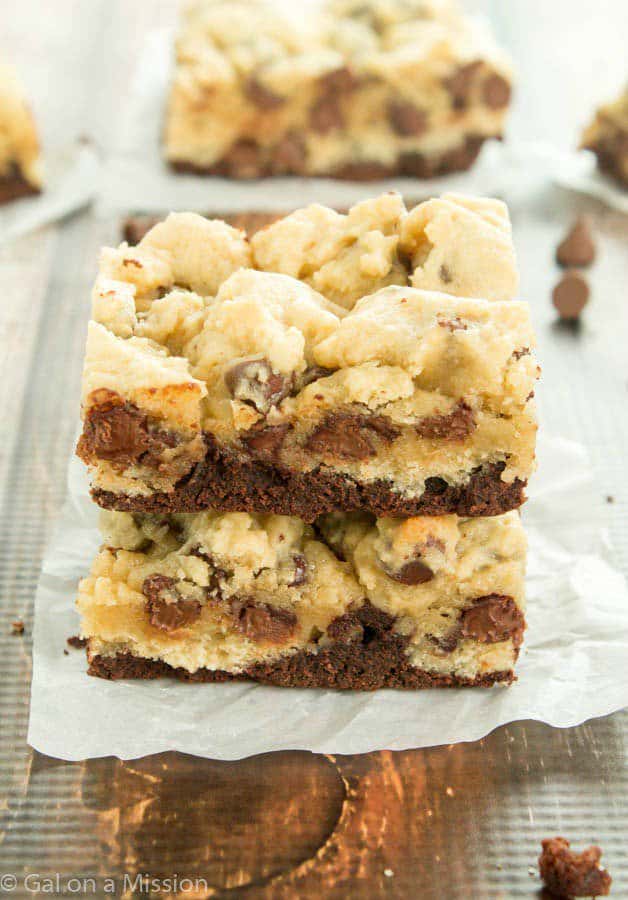 A mouthwatering cookie dough brownie recipe that consists of a fudgy brownie layer and a soft, chewy chocolate chip cookie layer.