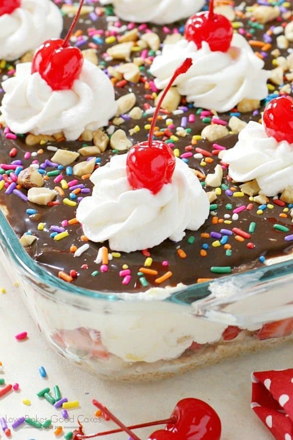 This No-Bake Banana Split Lasagna Lush has everything you love in a banana split, layered in an awesome portable dessert casserole!