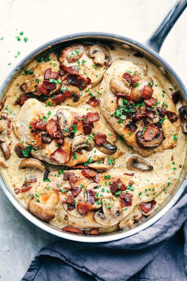 Creamy Balsamic Mushroom Bacon Chicken has the most amazing creamy balsamic mushroom sauce with tender and juicy chicken topped with crispy bacon.  This is an easy restaurant quality meal you can make at home!
