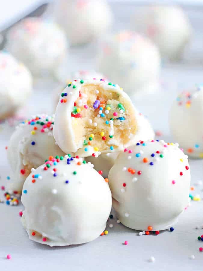 No bake birthday cake truffles are a fun treat to make for birthday parties! Each bite is filled with cake flavor and sprinkles