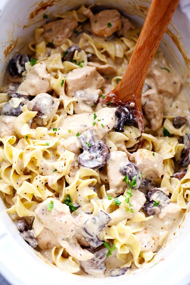 Slow Cooker Chicken and Mushroom Stroganoff takes just minutes to throw in the slow cooker!  It is so creamy and delicious and will become an instant family favorite!