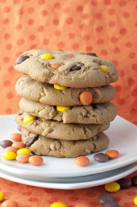Giant Reese’s Pieces Chocolate Chip Cookies are the perfect combination of peanut butter and chocolate.  These are the absolute best soft, chewy, thick cookie recipe!