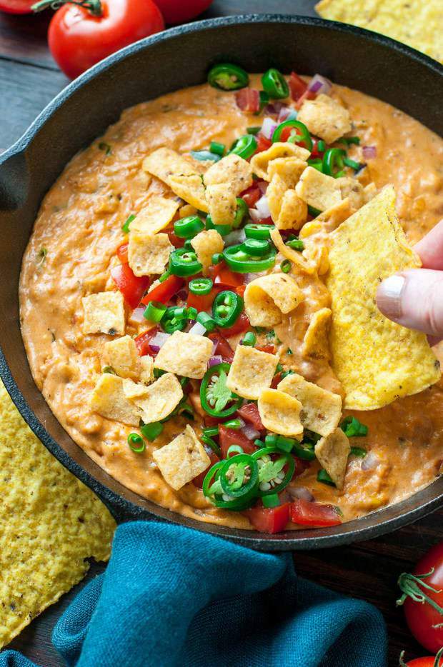 Get the party started with this ultra easy vegetarian chili cheese dip! Sketch-Free + Gluten-Free