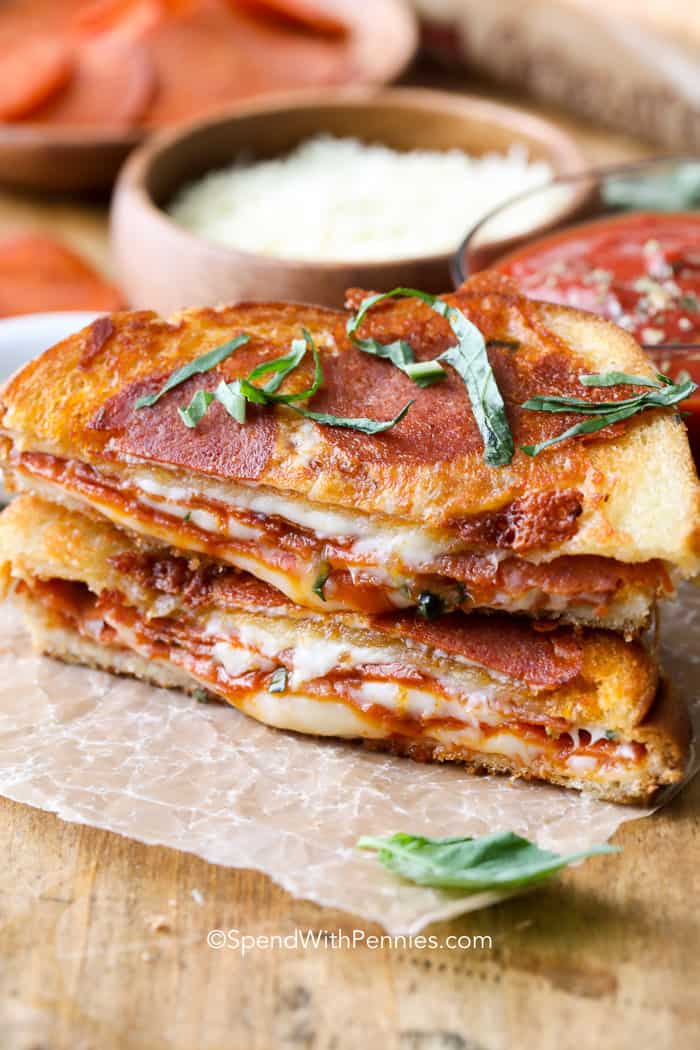 Pizza grilled cheese combines two of my all time favorite comfort foods: pizza and grilled cheese!P