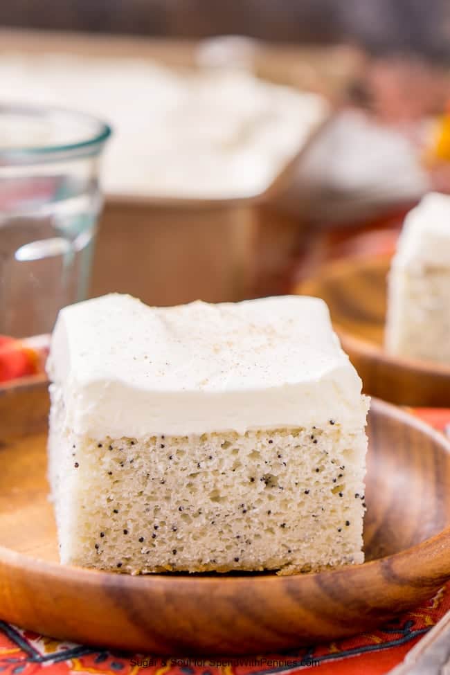 This Almond Poppy Seed Cake is made with simple, yet bold flavors – a dense almond cake loaded with poppy seeds and topped with a whipped vanilla frosting. A cozy and easy sheet cake that belongs on every dessert table.
