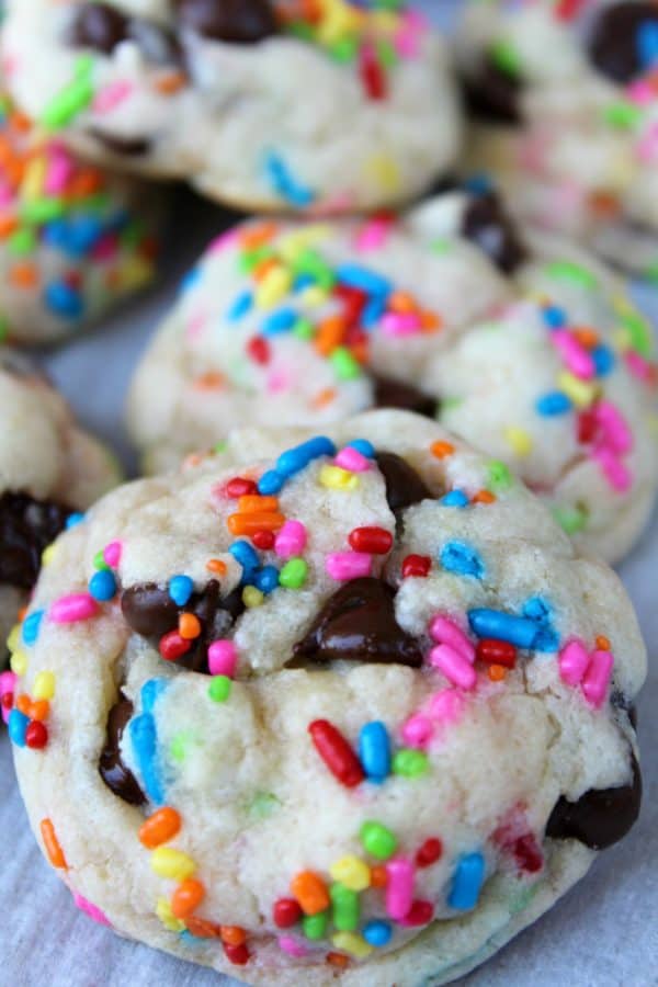 Easy Funfetti Chocolate Chip Cookies- Soft and chewy cookies that are simple to make with a cake mix, chocolate chips, and just a few more ingredientss