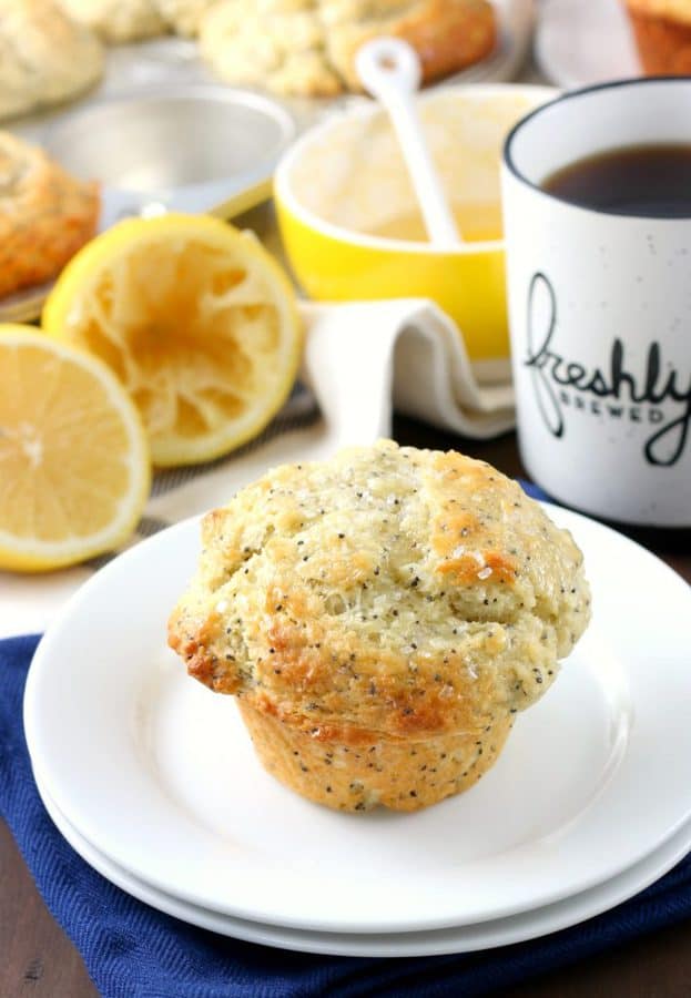 These Bakery Style Lemon Poppy Seed Muffins are perfectly sweetened and tender with a tart lemon glaze and sprinkling of coarse sugar