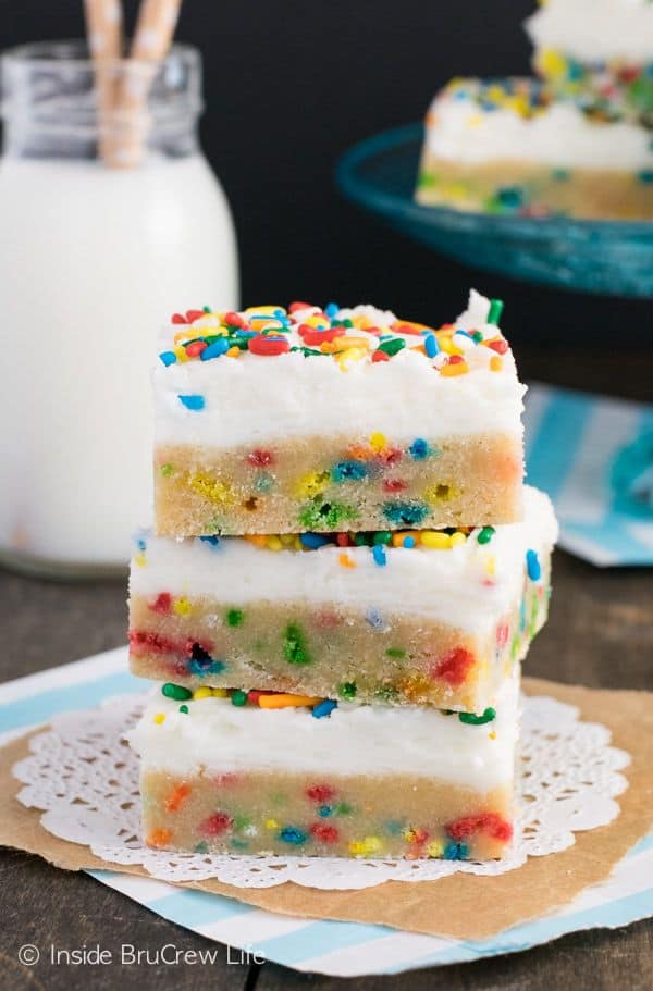 These easy Funfetti Sugar Cookie Bars are made and frosted in one pan.  Saving time in the kitchen means more time eating soft chewy cookies