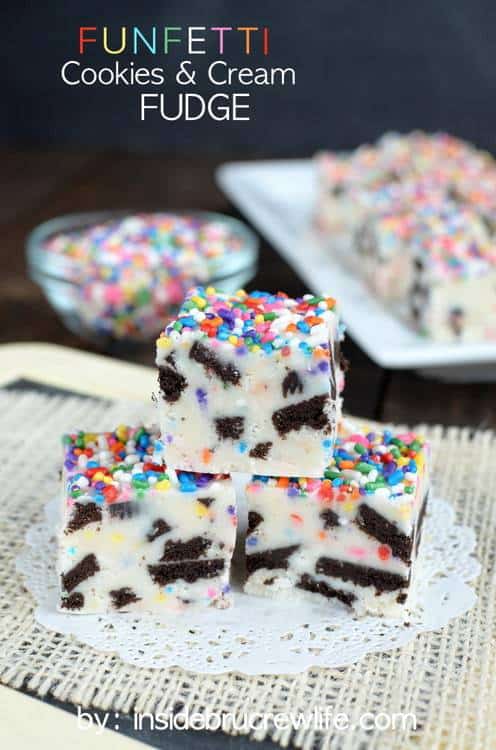 Sprinkles and Oreo cookie chunks make this Funfetti Cookies and Cream Fudge a blast to make and eat.  No one will be able to resist grabbing a few squares when you show up with this cute fudge.