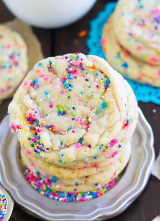Soft, chewy, buttery, sprinkle-packed funfetti cookies made completely from scratch — no box cake mix required!