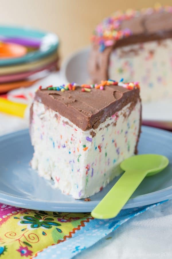 Funfetti no-churn ice cream cake is a kid favorite dessert, made with an easy no-churn ice cream recipe! No boxed cake mix is required to create this homemade ice cream cake!