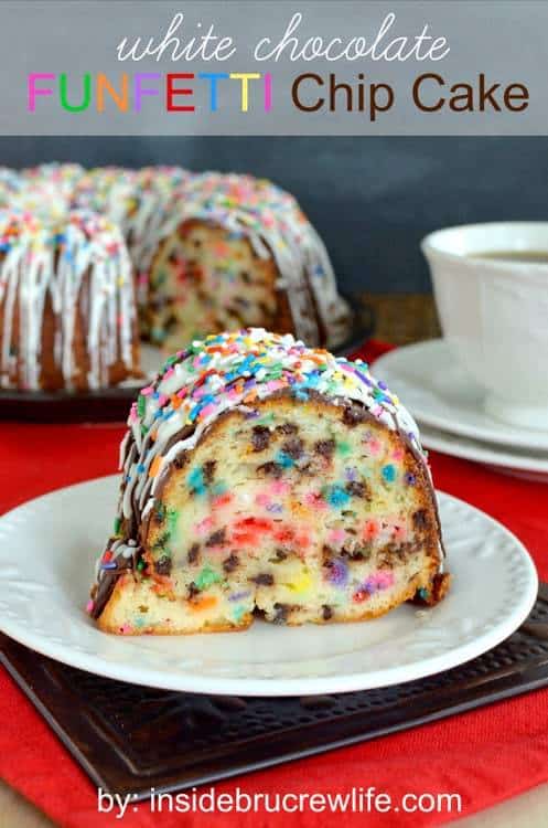 This White Chocolate Funfetti Chip Cake is an impressive dessert for any picnic or party.  Cake with sprinkles and chocolate on top and inside is sure to have you coming back for more.