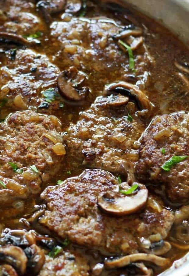 A quick and easy meal for your family any night of the week! Homemade Lighter Salisbury Steaks are made with lean sirloin beef to keep this recipe lower in fat and calories! Enjoy a hearty dinner with lots of flavor while keeping the healthy diet in check!