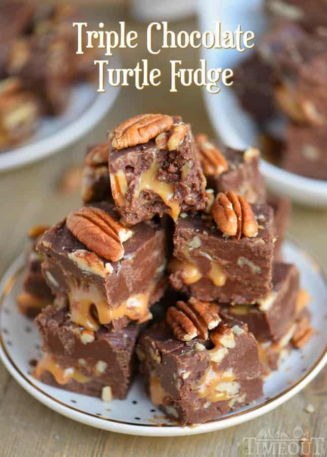 This decadent Triple Chocolate Turtle Fudge features three different types of chocolate and an ooey, gooey caramel center that is hard to resist! Great for gift giving and the holidays!