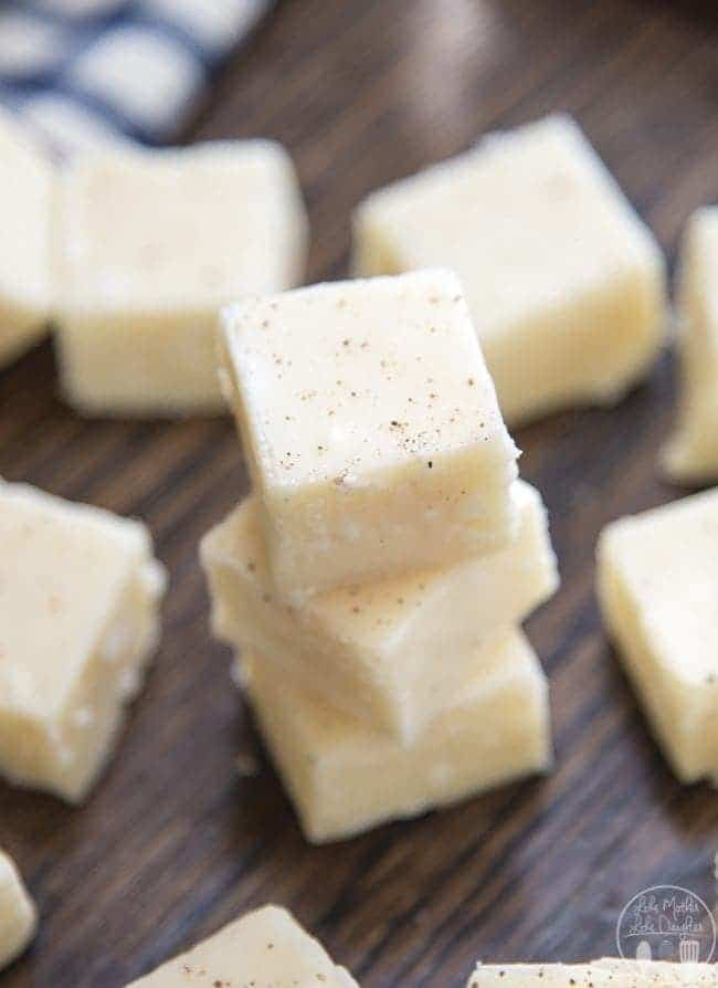 White Chocolate Eggnog fudge has the great taste of your favorite holiday beverage. Its the perfect holiday candy that everyone loves!
