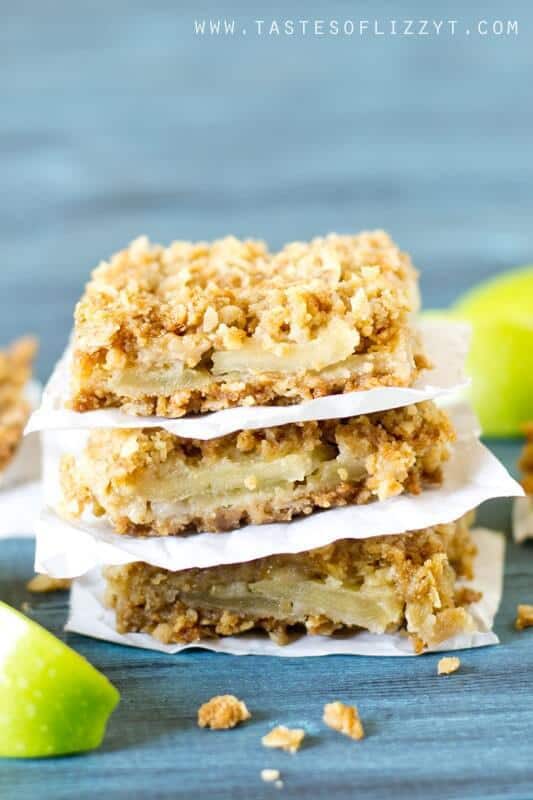 Layered Apple Oatmeal Bars make an easy apple dessert. Apple slices are stuffed between a soft, buttery, brown sugar and oatmeal crust and topping.