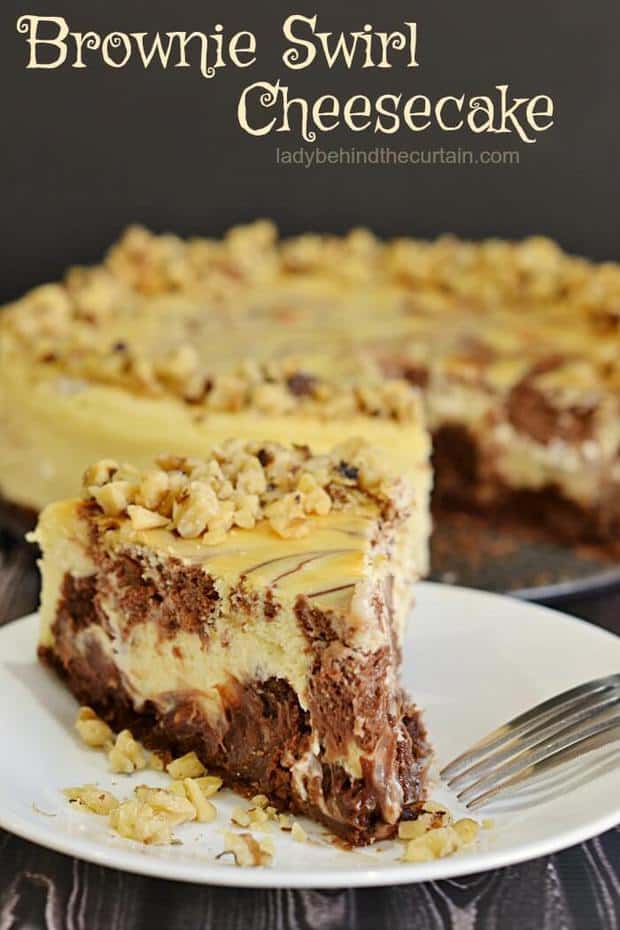 Starting with a brownie crust, layers of brownie bits and dollops of dark chocolate swirls!  This wonderful cheesecake is worth every sinful calorie.