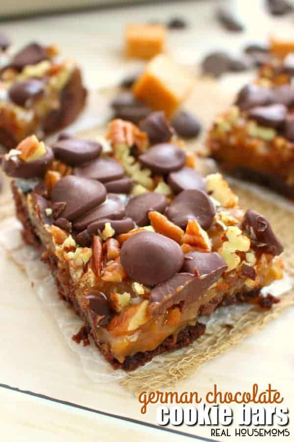 If you love caramel, pecans, coconut, and chocolate then these German Chocolate Cookie Bars are right up your alley!  Made with a simple cake mix crust, and topped with all the goodies, these easy cookie bars are perfect anytime you’re in the mood for a decadent sweet treat!