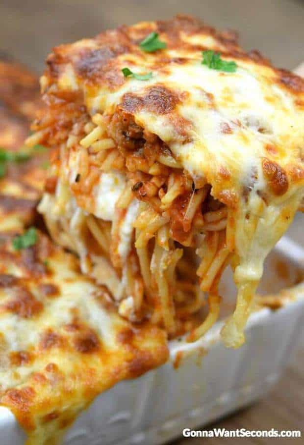 Super easy to throw together, this is one of our favorite ways to serve spaghetti and people just can’t get enough of it. This ooey gooey casserole is a rich, hearty comfort food.