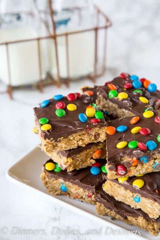 Monster Cookie No Bake Bars – all the flavors of classic monster cookies in a super easy no bake bar recipe.  No heating up the oven to make these!