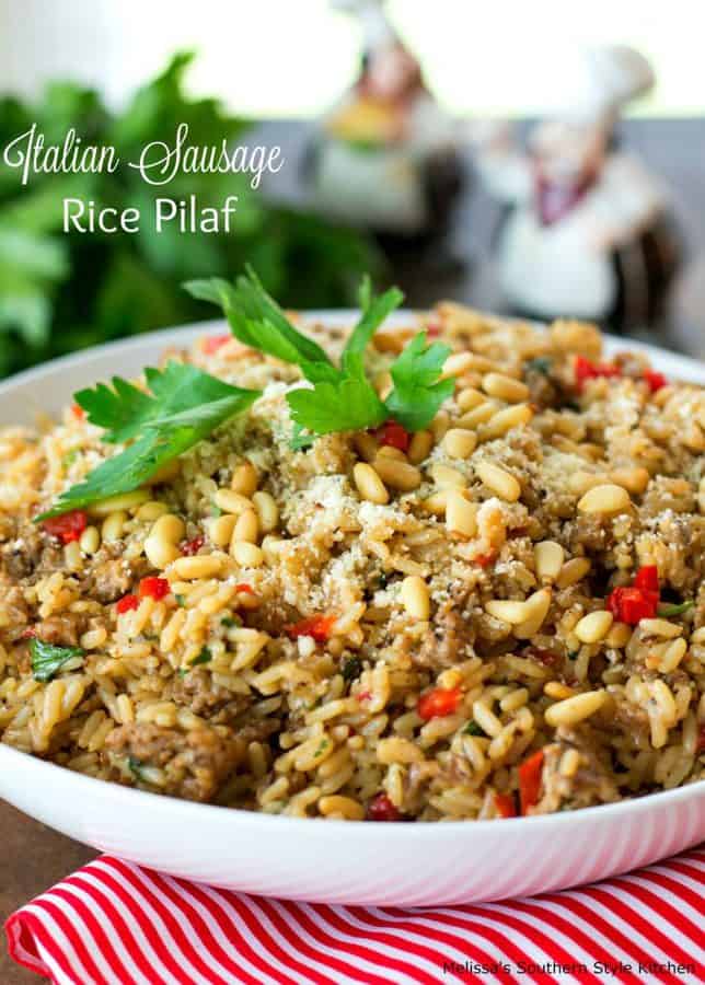 This tasty Italian Sausage Rice Pilaf is an incredible way to rock your side dish options.  It’s amazing as an accompaniment alongside chicken or pork and also serves as a mighty tasty bed for grilled kabobs.