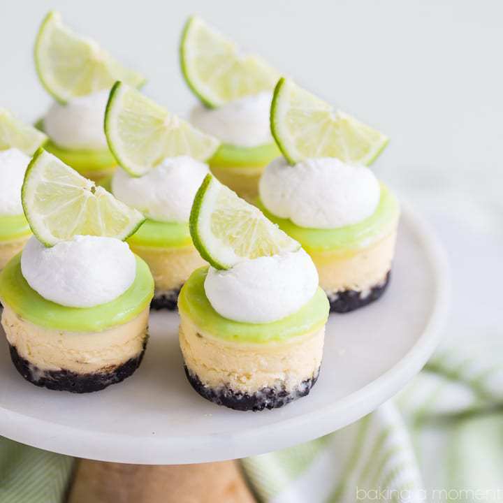 Finish out your fiesta with a dessert that complements all those Mexican flavors!  These Lime Mini Cheesecakes with Chocolate Cookie Crust are cute as can be, and perfect for your party!