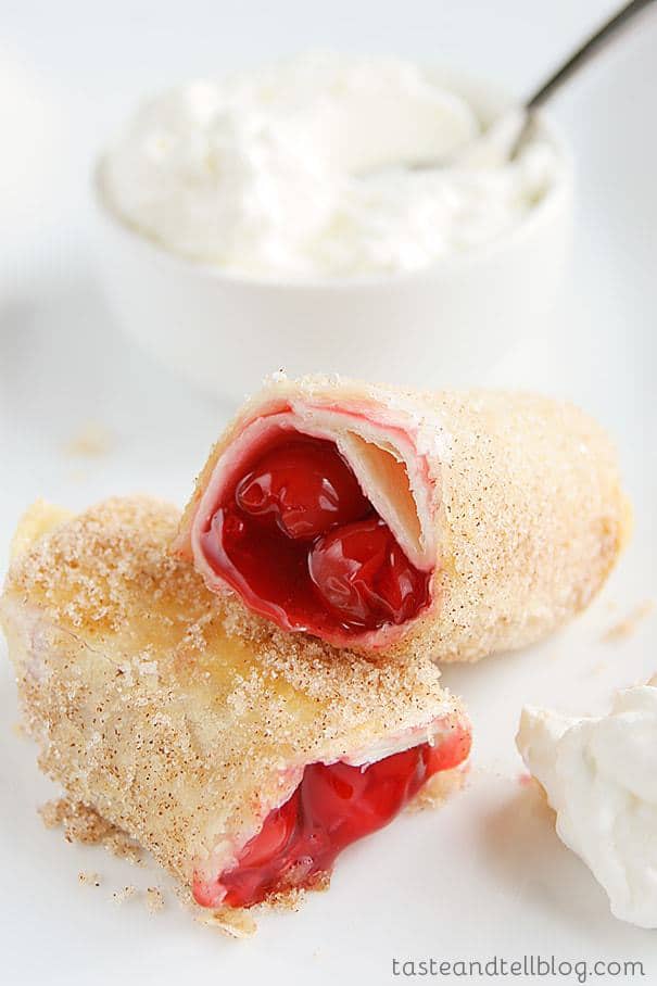 Cherry pie filling is wrapped in a flour tortilla, fried, and rolled in cinnamon sugar for a decadent dessert.