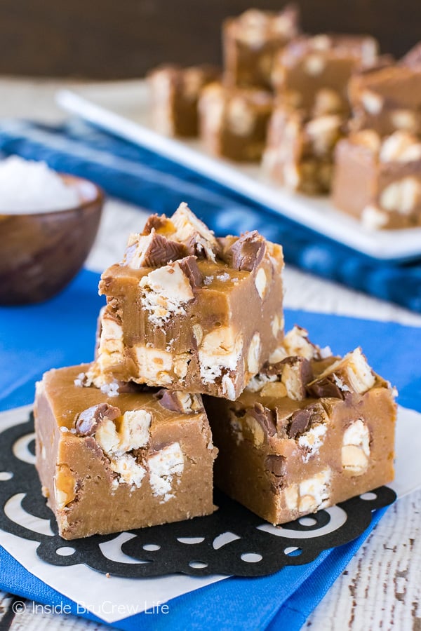 This easy Salted Caramel Snickers Fudge is loaded with lots of candy bars and is the perfect blend of sweet and salty.