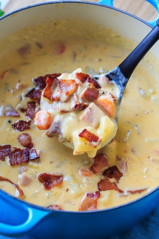 This made from scratch Cheesy Ham and Potato Chowder is thick and creamy and the perfect way to breathe new life into your leftover ham. Bacon, carrots, onion, and potato make this one hearty and delicious soup!