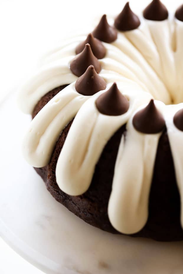 Hershey's Kisses Bundt Cake is an extremely moist cake loaded with HERSHEY’S KISSES Chocolates inside. It is finished off with a thick cream cheese frosting which compliments the flavor perfectly!