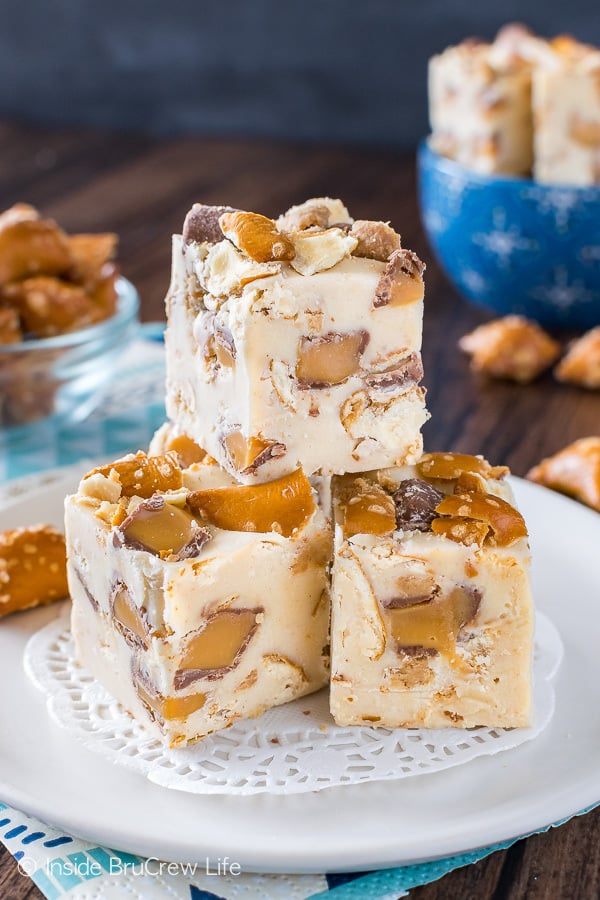 Pretzels and candy bars swirled in this easy Caramel Peanut Butter Pretzel Fudge add a fun crunch and chew to each creamy square.