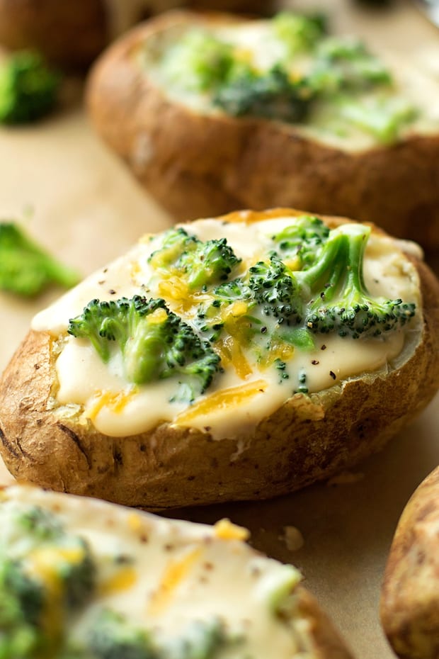These cheesy broccoli stuffed potatoes are a delicious hearty side dish. They’re perfect for weeknight dinners or special occasions!