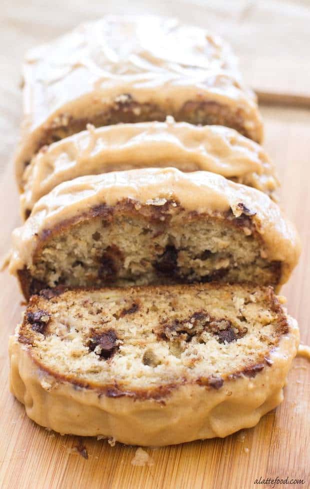 Chocolate Chip Banana Bread with Peanut Butter Icing is absolutely delicious! The peanut butter glaze and the melty chocolate chips make this Chocolate Chip Banana Bread recipe absolutely to die for! You’re sure to love this quick and easy snack or dessert!
