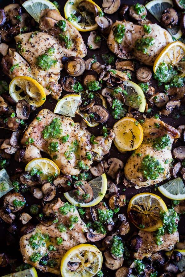 This sheet pan garlic lemon chicken and mushrooms is ready in under 45 minutes and made on just one pan. This baby is packed full of flavor and will be a HUGE hit with parents and children. Made with boneless skinless chicken thighs, baby portabella mushrooms, lemons and finally drizzled in a garlic parsley sauce. Trust me, you need to make this dish as soon as possible!