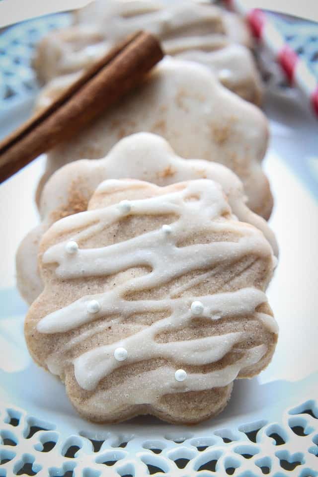 Glazed shortbread cookies flavored with eggnog and cinnamon adding a subtle flavor of the classic holiday drink.