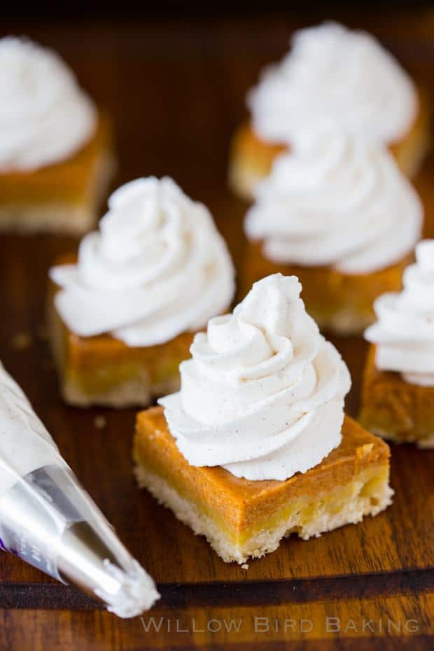 Boring old pumpkin pie has too much pumpkin custard, a soggy crust, and a sad dollop of whipped cream. These bars fix the mixed-up proportions, pairing a buttery shortbread crust with an equal amount of pumpkin custard. A mountain of incredible maple cinnamon whipped cream rounds out the fall dessert you won't be able to get enough of!