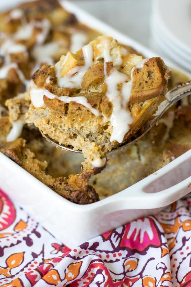 Easy Overnight French Toast Casserole: A simple breakfast recipe for a crowd, this whole wheat french toast casserole features a maple custard and light vanilla glaze and is perfect for brunch or a Holiday breakfast. Gluten-Free and Dairy-Free Modifications included.